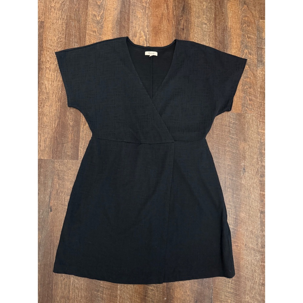 Madewell Black Faux Wrap Dress XL Textured Dolman Sleeve Stretch Mini Dress